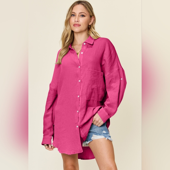 Double Take Full Size Pocketed Texture Button Up Shirt - Picture 1 of 5